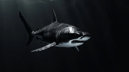 Graceful great white shark gliding through calm dark waters.
