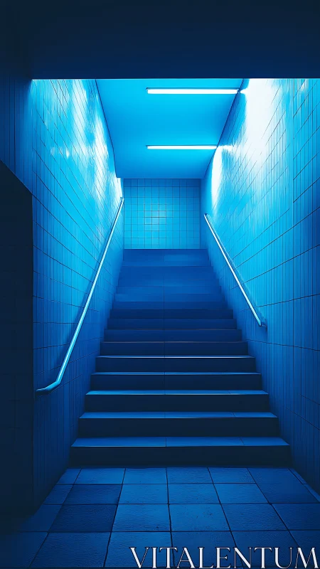Neon blue subway stairwell under stark fluorescent glow.