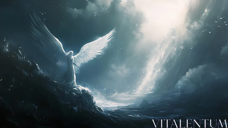 Backlit winged figure confronts cascading luminous stormfront