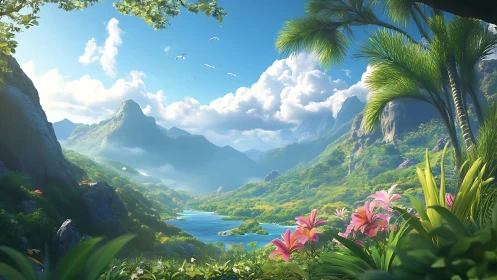 Lush tropical valley unfolds around tranquil blue lagoon.