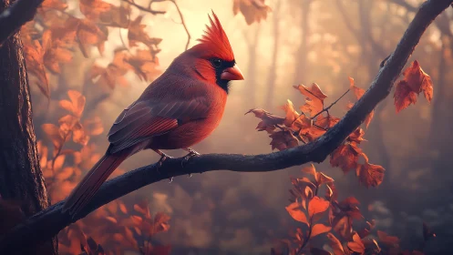 Vibrant Red Cardinal on Autumn Branch, Soft Sunlight in Forest.