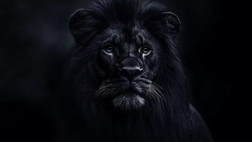 Photorealistic low key portrait of a black lion in chiaroscuro lighting.