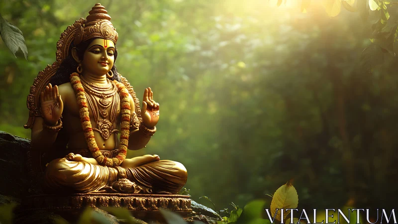Golden meditating deity statue sits in forest clearing