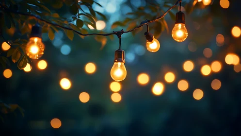 Glowing string lights suspended in a softly blurred twilight garden.
