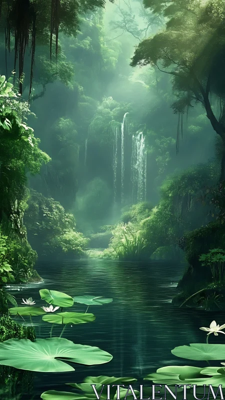 Emerald veil lagoon cradling secret waterfalls in light.