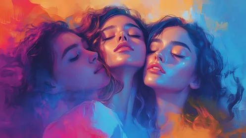 Trichromatic portrait triptych in luminous digital chroma fields.