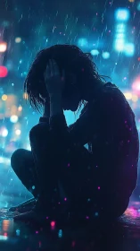 Silhouetted figure seated in urban rain with neon lighting.