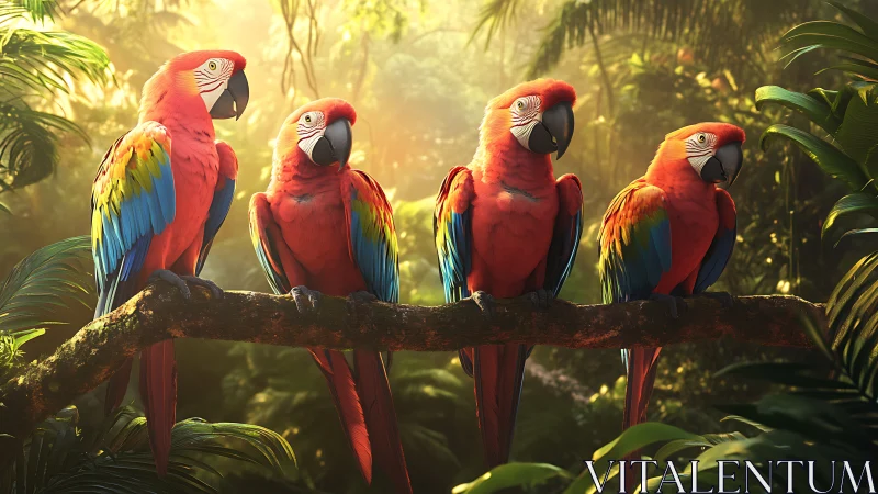Four Vibrant Scarlet Macaws Perched in Lush Jungle at Sunrise.