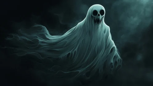 Dark ghostly spirit with skull face in swirling mist.