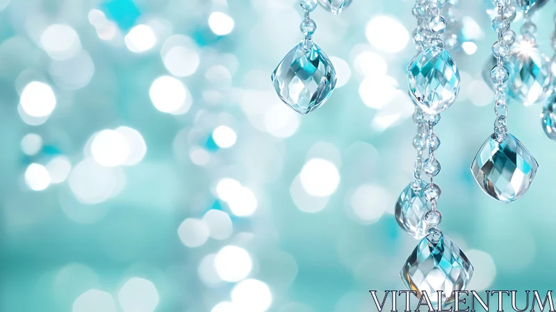 Macro crystal bokeh with suspended aqua glass prisms composition.