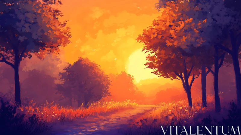 Sunlit forest path glows with intense orange evening light