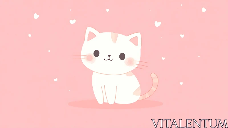 Cute White Kitten Surrounded by Pink Hearts.