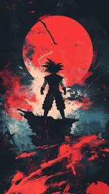 Backlit warrior silhouette framed by oversized textural red moon