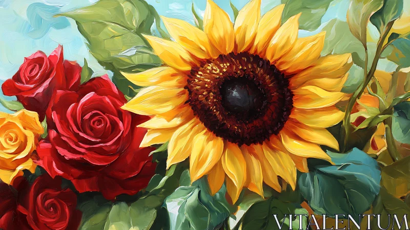 Sunflower and rose bouquet in vivid impasto oil rendering