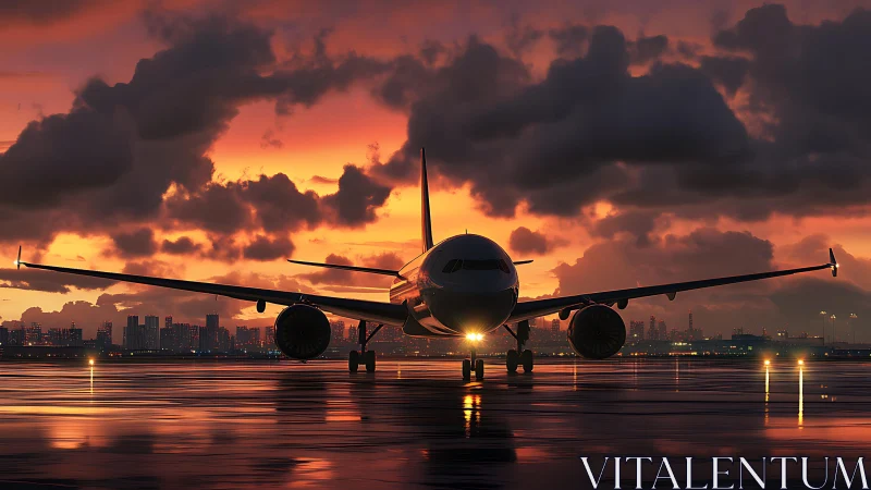 Passenger jet on wet runway at city airport sunset.