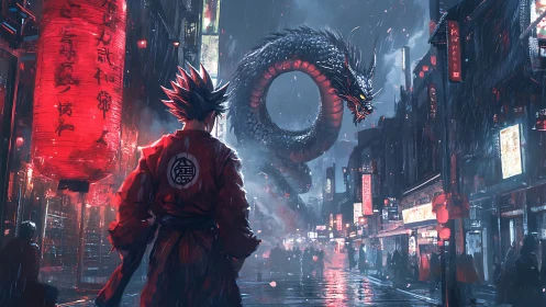 Street warrior meets neon dragon in a rain-soaked city night.