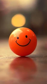 Photorealistic orange smiley sphere with shallow depth of field.