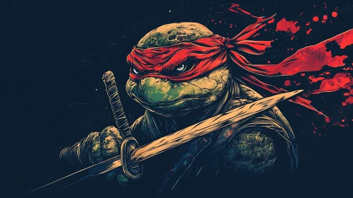 Masked mutant turtle warrior portrait with katana, inked splatter