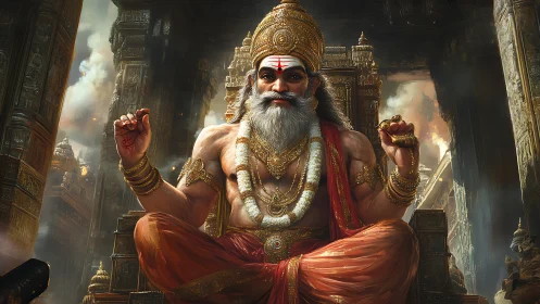 Seated bearded deity in ornate temple interior environment.