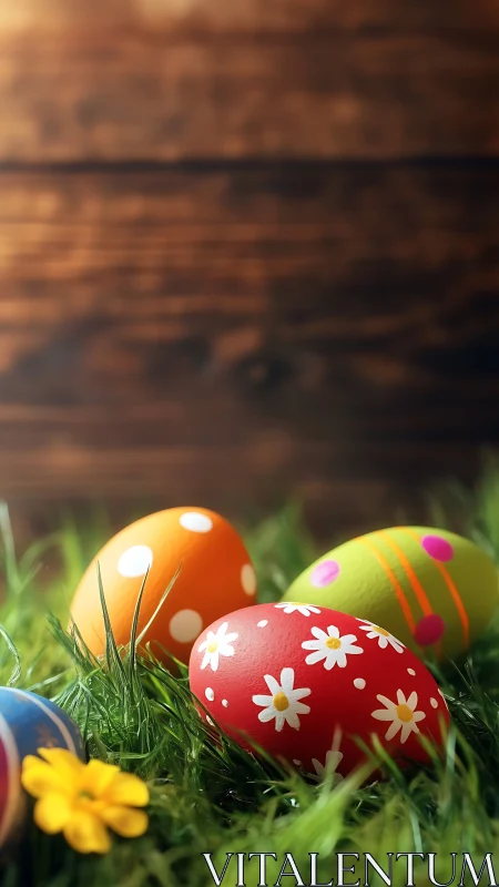 Colorful Easter eggs on grass before rustic wooden wall.