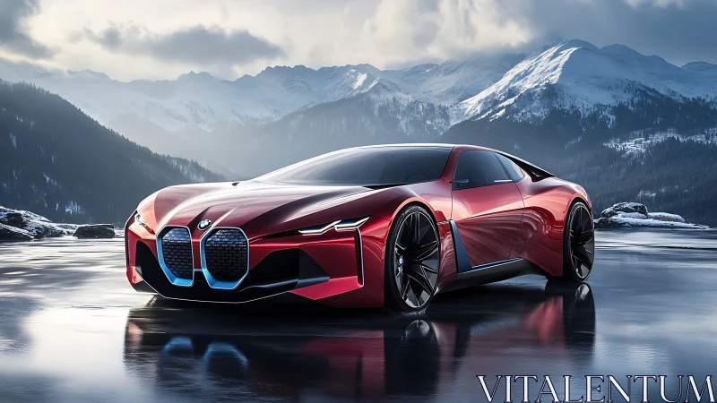 Red coupe concept car on reflective ice before alpine peaks.