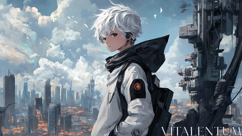 Cybernetic courier surveying stratified neo-urban skyline.