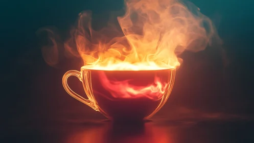 Red Cup with Ascending Flames Against Dark Background