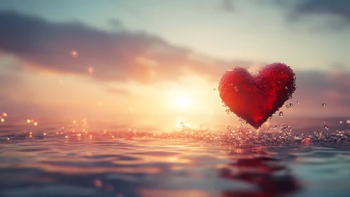 Crystal Heart Rising Through Golden Sunrise Waters.