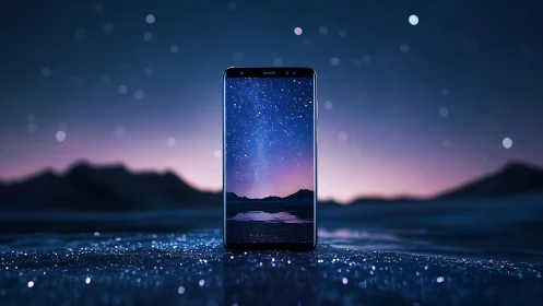 Digital painting of smartphone portal against starfield horizon.