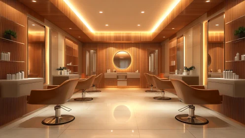 Luxurious salon interior glows with warm modern lighting
