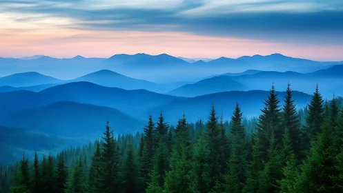 Gentle blue mountains welcome a quiet sunrise above pines
