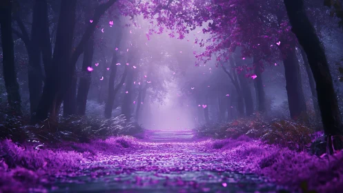 Mystical forest corridor with bioluminescent magenta foliage and atmospheric light