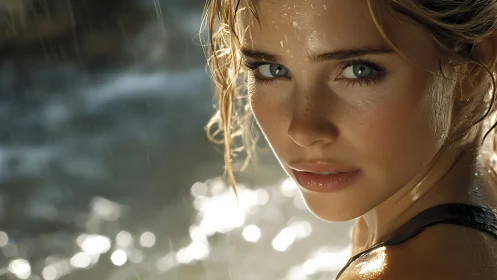 Stormlit gaze by the water’s edge, freckles catching daylight.