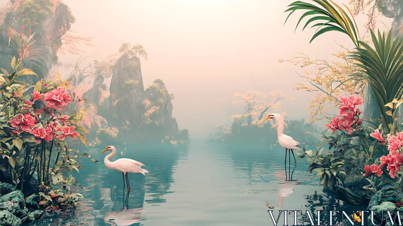 Egrets stand in misty floral lagoon under soft atmospheric light