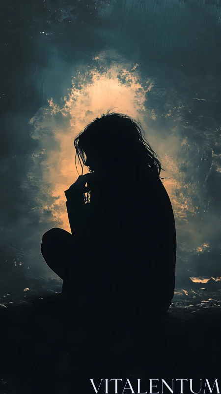 Silhouetted thinker folds into twilight while embers bloom behind