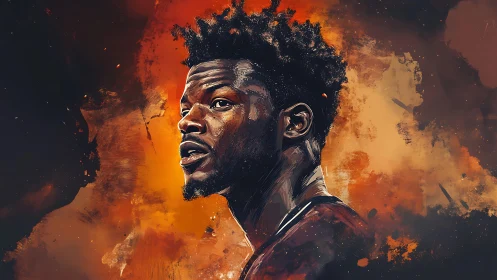 Dynamic basketball portrait amid blazing abstract clouds.