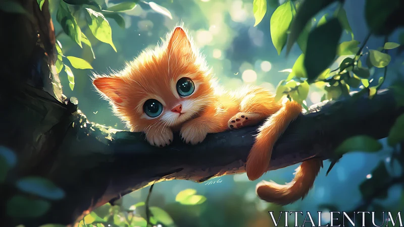 Luminous Felid Juvenile Perched on Branch in Dappled Foliage Setting.