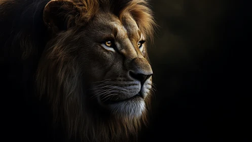 Side profile study of male lion against dark background.