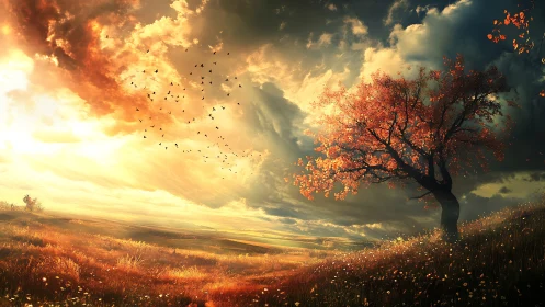 Solitary autumn tree on sloping field under dramatic sky.