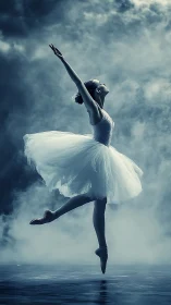 Ethereal ballerina poised en pointe in cinematic blue mist.