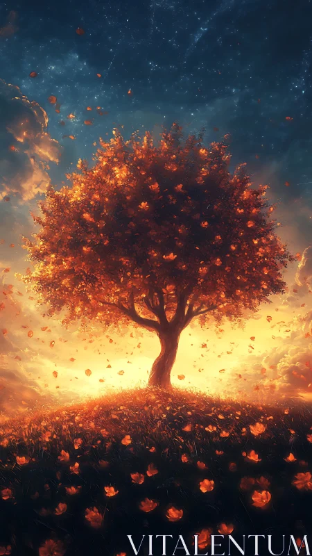 Digital painting of luminous blossom tree under cosmic sky.