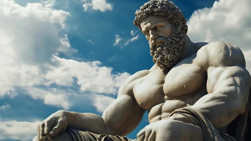 Colossal classical stone statue under dramatic sky.