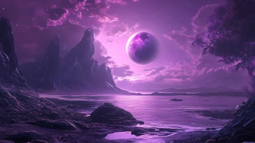Violet alien shoreline glows under a radiant eclipsed moon