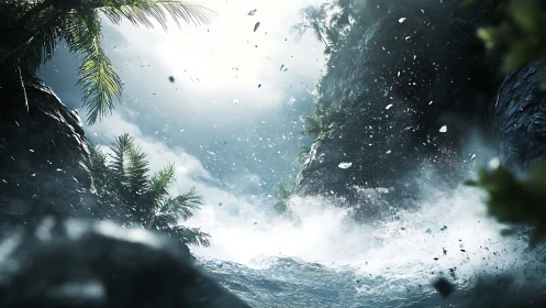 Tropical Waterfall Cascade Through Dense Jungle Canyon.