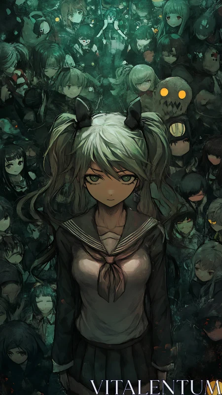 Haunted schoolgirl standing against a sea of silent selves.