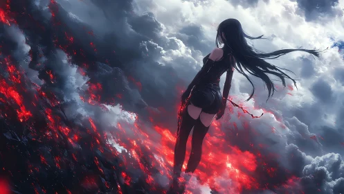 Volcanic cloudscape with solitary dark-clad anime sentinel.