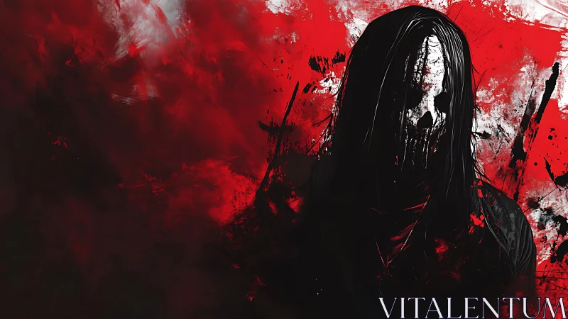 Dark figure with distorted white mask stands before red field