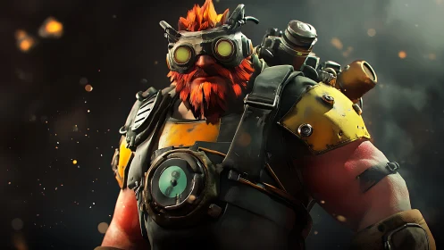 Armored red-bearded engineer with goggles in smoky setting.