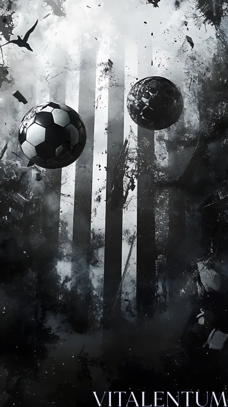Monochrome football spheres amid vertical striped backdrop.
