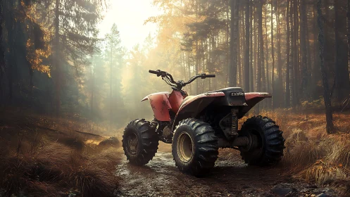 Off-road quad bike stands on dirt track in dense conifer forest